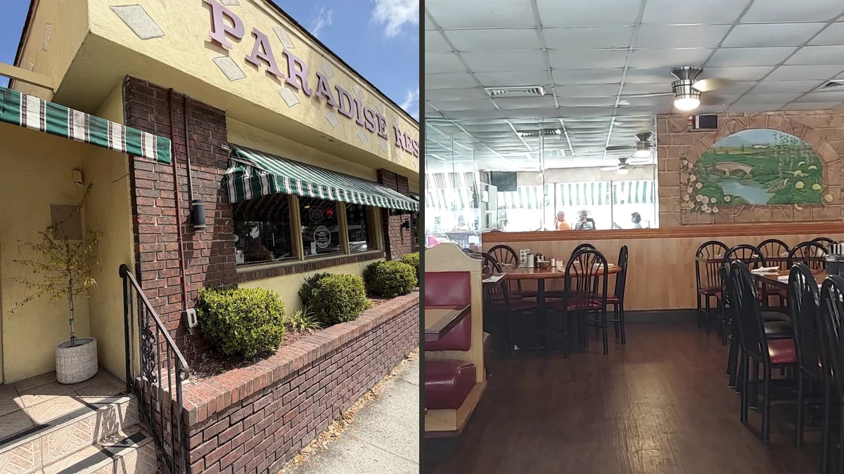 Old-fashioned restaurant interior with simple table settings.